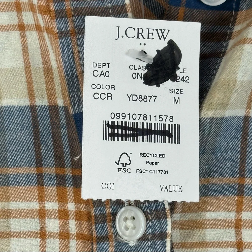J.Crew Plaid Button Down Shirt Medium Blue Tan‎ Flannel Long Sleeve NWT